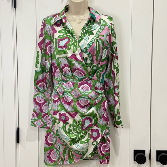 Mango Wrapped Satin Mini Dress Floral Long Sleeve Collared Green Purple Small - Picture 3 of 10